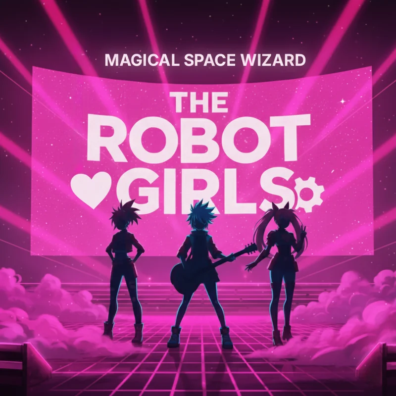 Album cover THE ROBOT GIRLS: three silhouettes in front of pink neon
