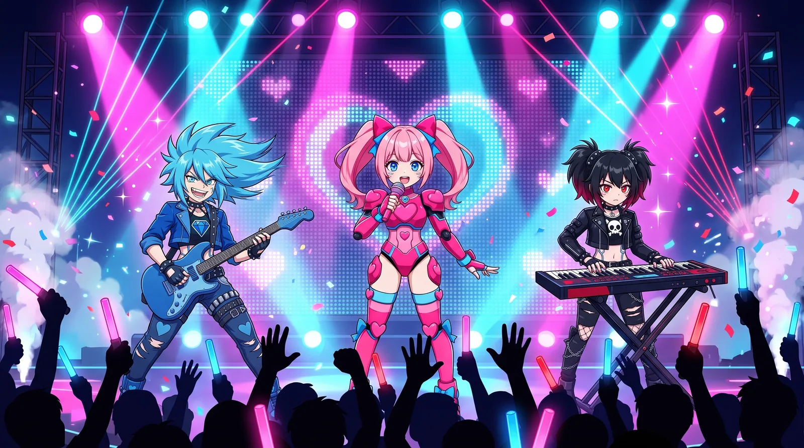 ONE ONE, ZERO ONE and ZERO ZERO on a neon idol stage in front of a crowd waving pink, blue and red penlights