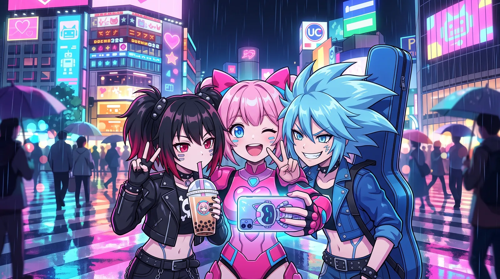 夜の東京の交差点で自撮りする3人