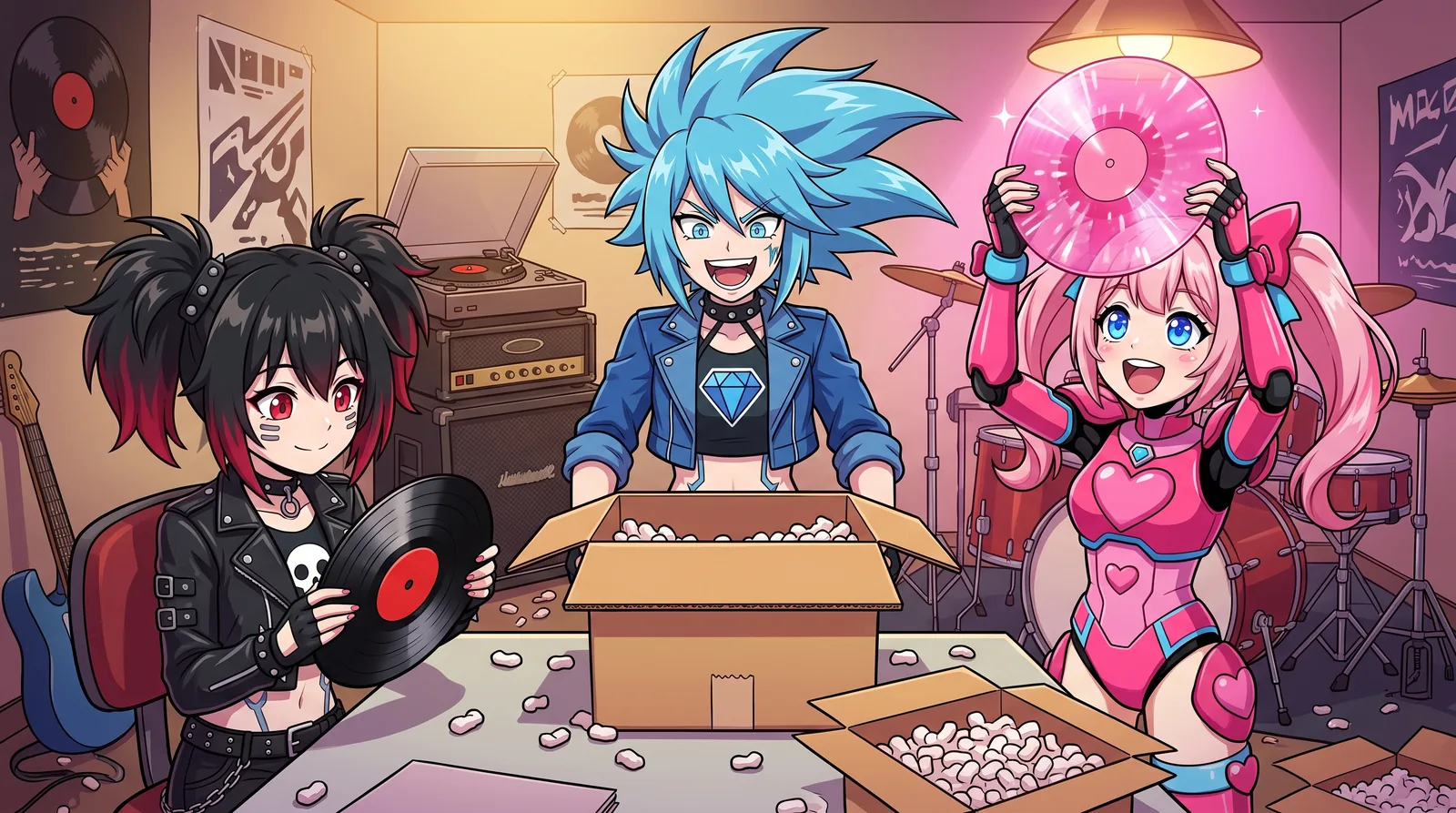 Die drei Robot Girls packen ihre erste Vinyl-Testpressung aus