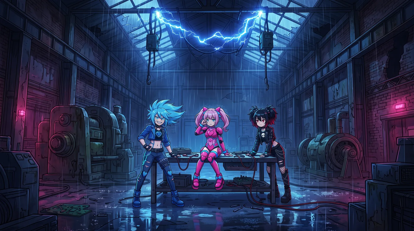 The three Robot Girls wake up during a thunderstorm in Werkhalle 001