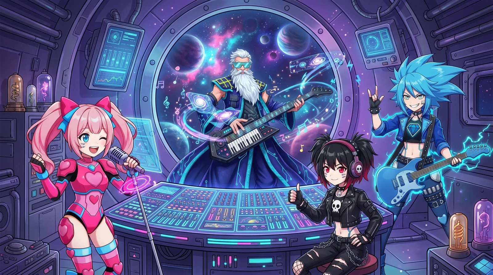 Der Magical Space Wizard mit den Robot Girls in seinem Raumschiff-Studio