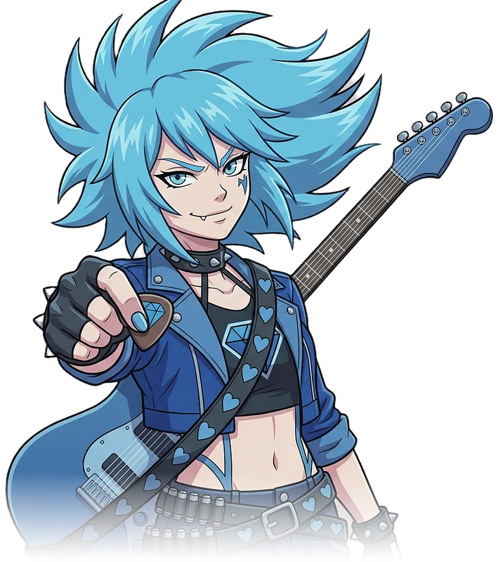 ZERO ONE points a guitar pick at the viewer, guitar slung on her back